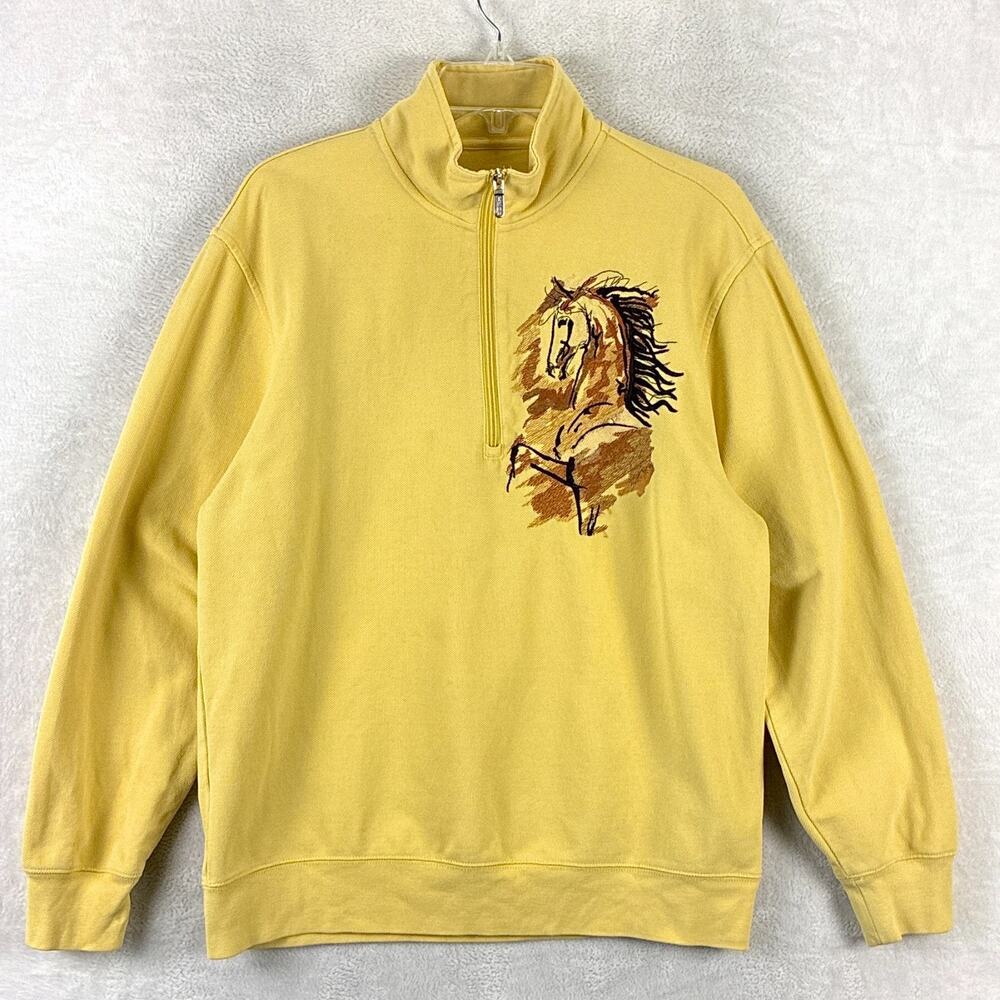 Izod 1/4 Zip Pullover Womens XL Yellow Embroidered Horse Equestrian Western